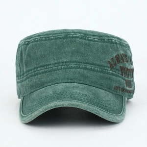 Detailed close-up of vintage washed green cadet cap with Always Youth embroidery