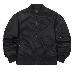 Men's black flight bomber jacket with waterproof nylon fabric and ribbed cuffs on white background