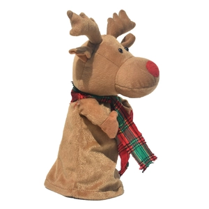 Detail of plush dancing reindeer toy with red nose and checkered scarf for Christmas decor