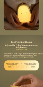 Detail of pear night light showing a creative fruit stem switch and dual color temperature