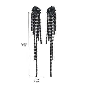 Size chart for black rhinestone tassel earrings measuring 12.2cm in length and 1.6cm width