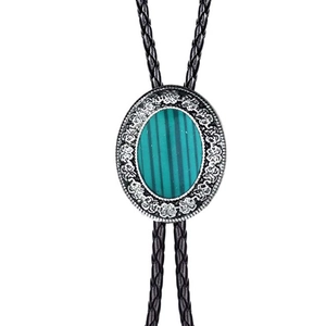 Western vintage bolo tie with turquoise agate stone and silver floral carved metal clip