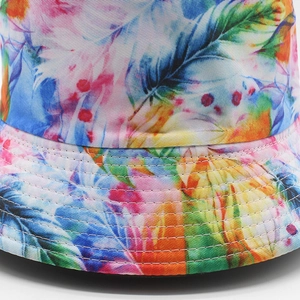 Colorful tie-dye bucket hat with feather ink print and white reinforced stitching