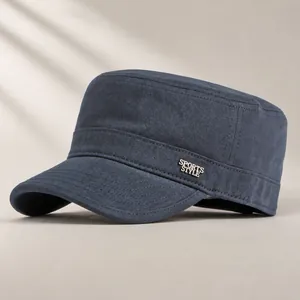 Classic cotton flat top military cap in navy blue with Sports Style metal plate