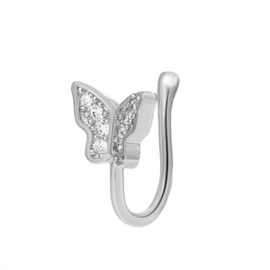 Silver butterfly non-piercing nose clip featuring sparkling rhinestones and metal finish