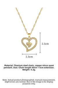 Detailed view of double heart necklace with dimensions and sparkling cubic zirconia