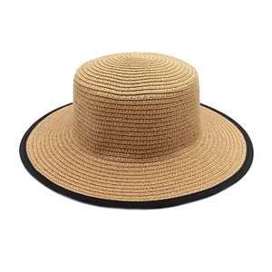 French style straw boater hat with black fabric trim for summer sun protection