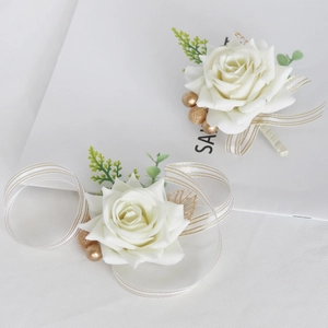 White Satin Rose Wedding Boutonniere And Wrist Corsage Elegant Gold Leaf Bridal Party Jewelry Accessory For Groom Bride