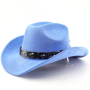 Detail of sky blue cowboy hat featuring a black band with a silver lion head buckle