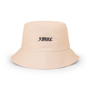 Detail of Angel gothic embroidery on premium beige cotton sun protection bucket hat