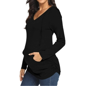 Black long sleeve maternity hoodie with V-neck and ruched side detail for pregnant women
