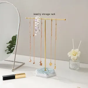 Nordic gold T-bar jewelry stand with hexagonal marble base for necklaces and bracelets