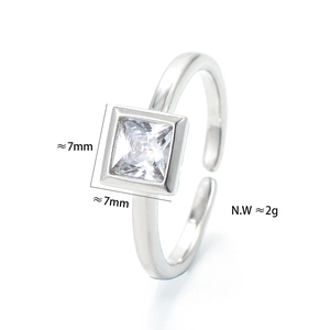Close-up of 7mm square cubic zirconia stone on a polished open silver ring band