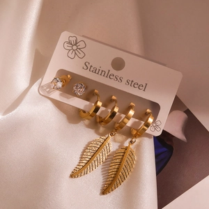 18K gold-plated stainless steel earring set featuring zircon studs and feather pendants
