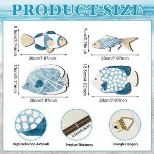 Set de 4 decoraciones de pared nórdicas de madera con peces náuticos y patrones azules