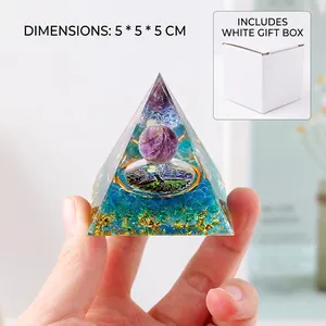 Handmade Tree of Life Orgonite Pyramid with Amethyst ball and gold foil in resin, 5cm size