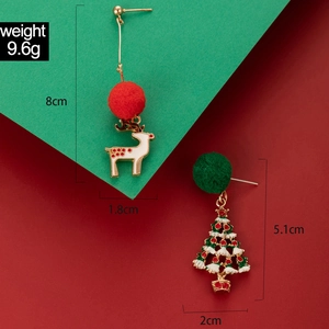 Christmas earrings dimensions show a reindeer and tree with festive red green pom poms