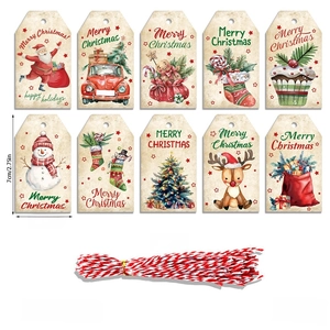 Detail view of 10 vintage Christmas gift tag designs with red and white cotton twine