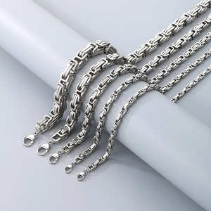 Hip-hop style silver stainless steel king chains in various thicknesses on grey stands