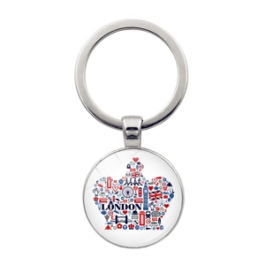Detailed view of metal keychain with glass London Union Jack crown design