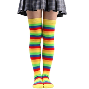 Detail of colorful rainbow striped thigh high socks for women cosplay and parties