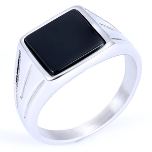 Vintage silver signet ring for men featuring a square black stone and grooved band details