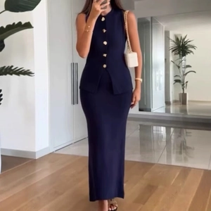 Elegant navy sleeveless knit set with gold buttons and a slim-fit long skirt