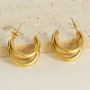 Irregular double-layered 18K gold plated stainless steel stud earrings on stone base
