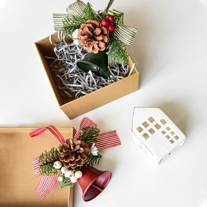 Christmas metal bells with pine cones and berries for festive tree decoration set of two