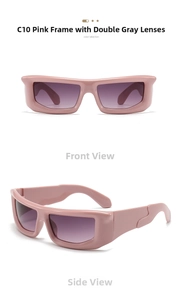 Detail view of pink rectangular punk sunglasses with gradient grey lenses from dual angles