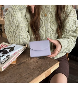 Close-up of light purple PU leather wallet held by a person wearing a green sweater