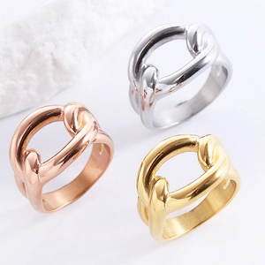 Three-color chunky chain ring set in gold, rose gold and silver stainless steel
