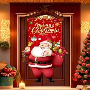 Christmas door banner featuring Santa Claus with bell on dark wooden door backdrop
