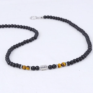 Men's tiger eye and black bead necklace with stainless steel clasp in minimalist hip-hop style