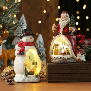 Rotating Christmas resin ornaments with LED lights and snow village scene for holiday decor