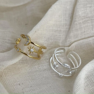 925 silver star and moon double layer rings in gold and silver finish with zircons
