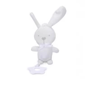 White plush bunny infant toy with a star-shaped pull ring for sensory soothing