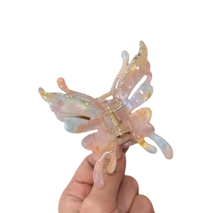 Pink and blue marble acetate butterfly hair claw clip with sparkling rhinestones decoration