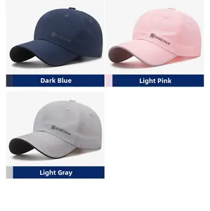 Detailed comparison of quick-dry baseball caps in dark blue, light pink, and light grey