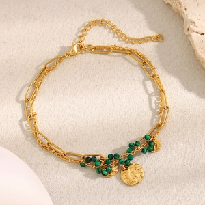 Double-layered 18K gold plated stainless steel bracelet with green malachite beads and coins