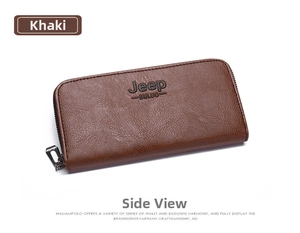 Detailed close-up of khaki leather men long wallet featuring premium lychee texture and zipper