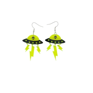 Macro detail of UFO alien earrings with fluorescent yellow acrylic lightning bolt charms