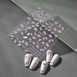 Romantic pink cherry blossom nail stickers with 3D relief and iridescent floral accents