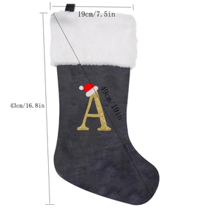 Gray velvet Christmas stocking with embroidered gold letter A and size specifications