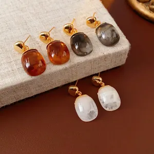 Retro Chic Oval Resin Drop Earrings With 18K Gold Plated Copper And Silver Earring Post Geometric Jewelry For Women