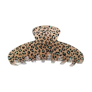 Elegant large leopard print hair claw clip in mint green and brown for voluminous hair