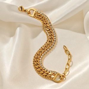 Three-layer gold stainless steel bracelet with rhinestone chain and D-shaped link detail