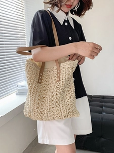 Straw Woven Tote Bag Hollow Out Floral Pattern With Leather Shoulder Strap Summer Beach Vacation Commuter For Women