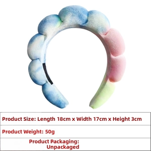 Tie-dye puffy spa headband with plush fabric, dimensions 18x17x3cm, lightweight 50g design
