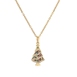 Collier sapin de Noël doré orné de zircons colorés avec une chaîne fine élégante